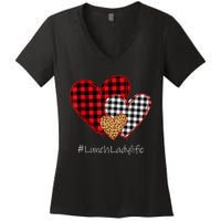 Three Hearts Buffalo Plaid Lunch Lady Valentine's Day Women's V-Neck T-Shirt