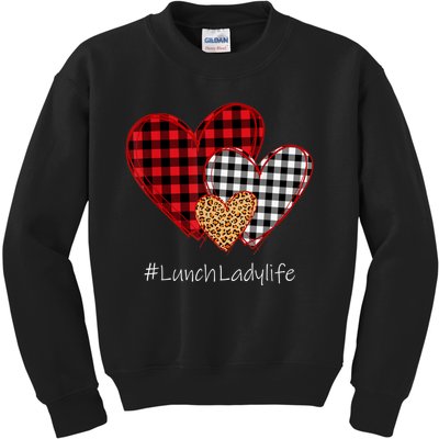 Three Hearts Buffalo Plaid Lunch Lady Valentine's Day Kids Sweatshirt