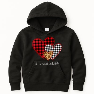 Three Hearts Buffalo Plaid Lunch Lady Valentine's Day Kids Hoodie