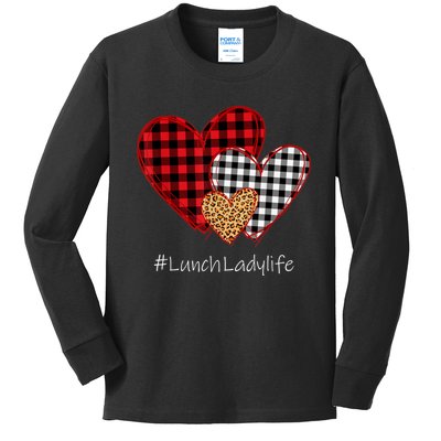 Three Hearts Buffalo Plaid Lunch Lady Valentine's Day Kids Long Sleeve Shirt