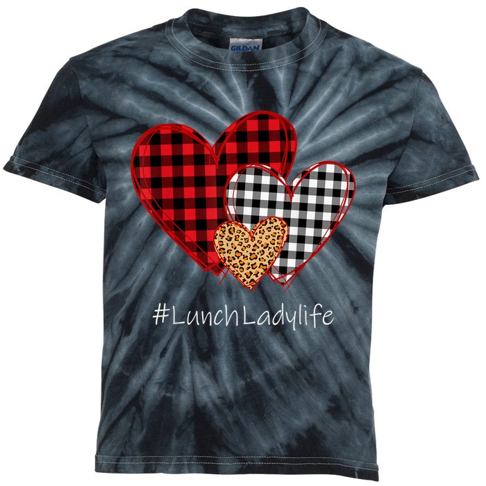 Three Hearts Buffalo Plaid Lunch Lady Valentine's Day Kids Tie-Dye T-Shirt