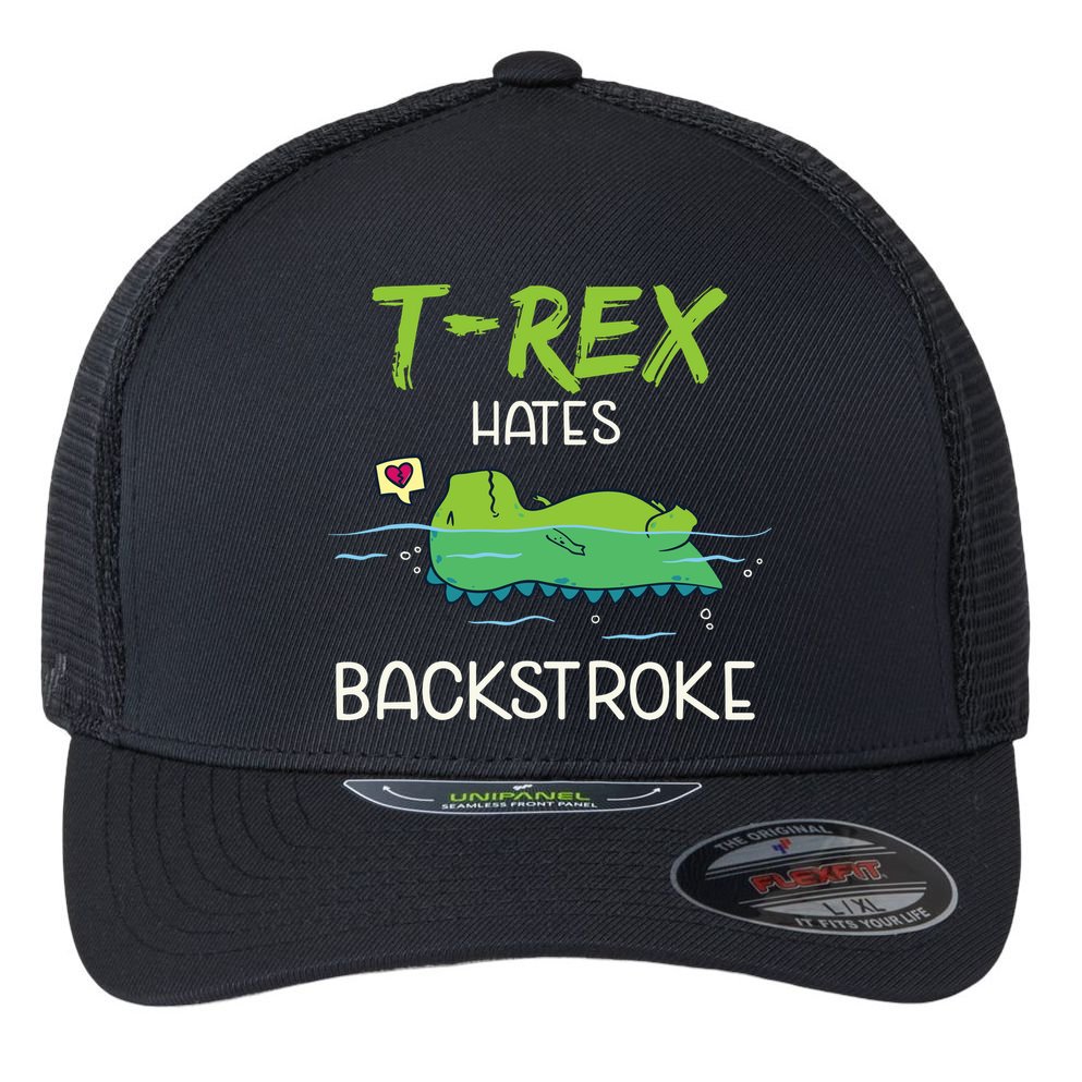 Trex Hates Backstroke Funny Swimming Dinosaur Gift Flexfit Unipanel Trucker Cap