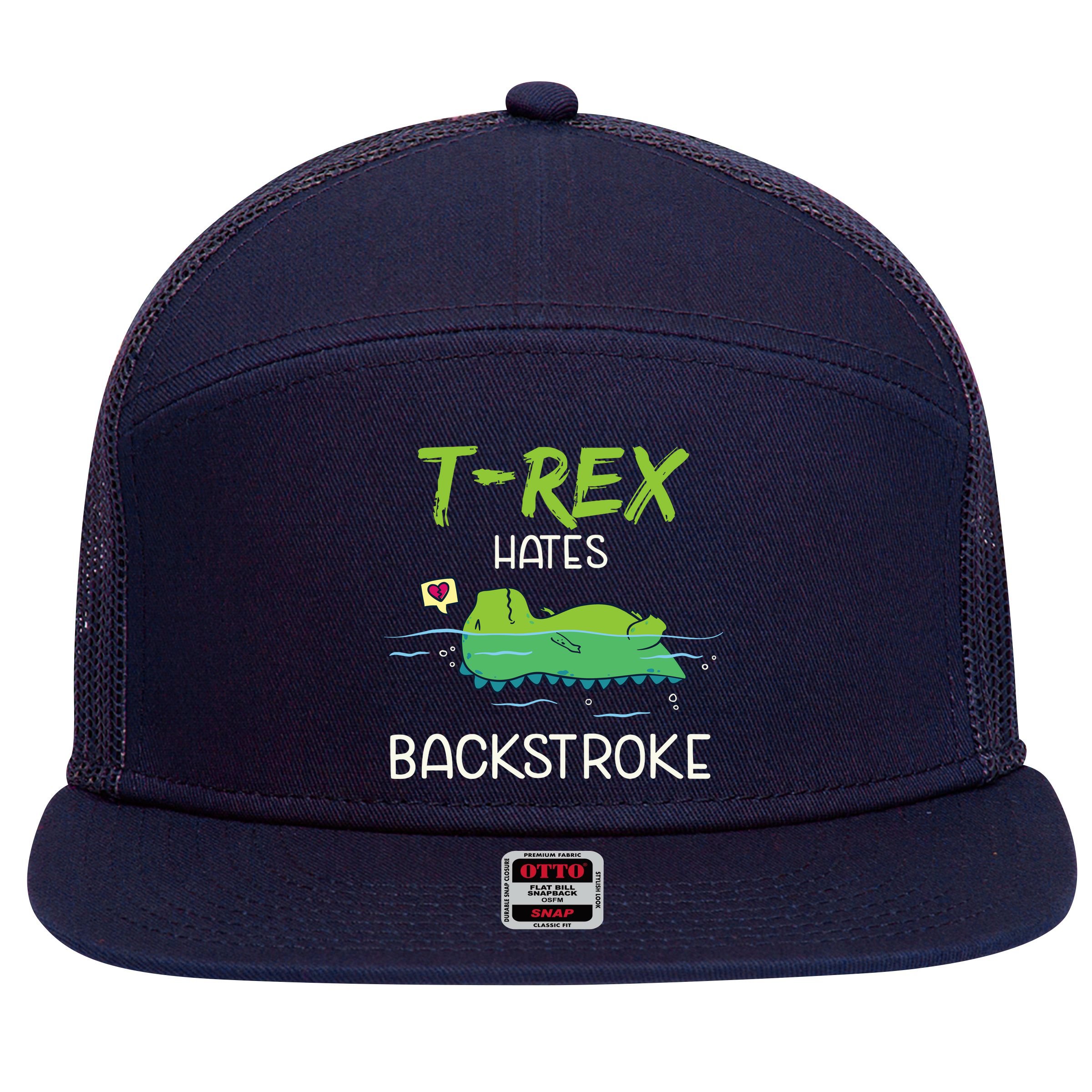 Trex Hates Backstroke Funny Swimming Dinosaur Gift 7 Panel Mesh Trucker Snapback Hat