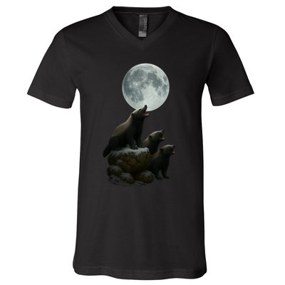 Three Honey Badgers Moon V-Neck T-Shirt