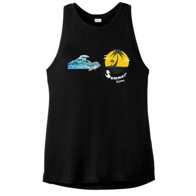 Tropical Heartbeat Beach Trees Dolphin Summer Ladies PosiCharge Tri-Blend Wicking Tank