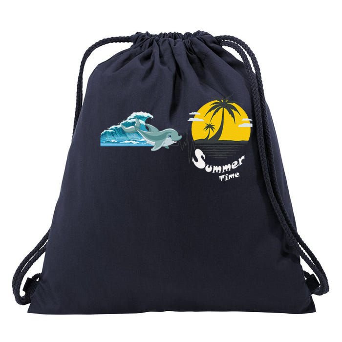 Tropical Heartbeat Beach Trees Dolphin Summer Drawstring Bag