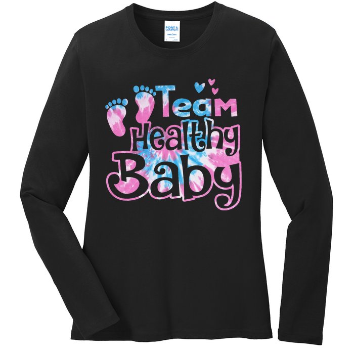 Team Healthy Baby Gender Reveal Party Pink Or Blue Tie Dye Ladies Long Sleeve Shirt