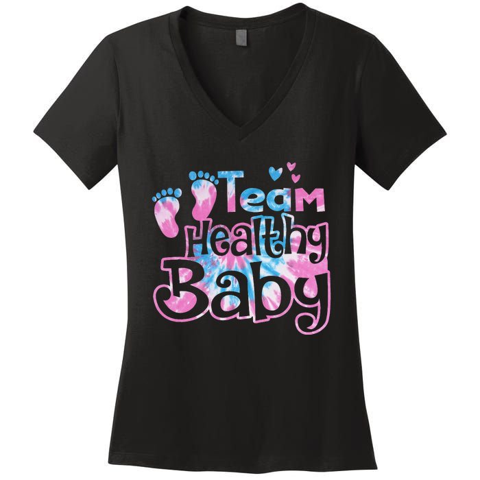 Team Healthy Baby Gender Reveal Party Pink Or Blue Tie Dye Women's V-Neck T-Shirt