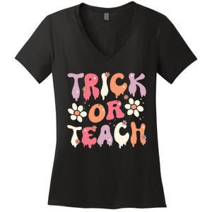 Teacher Halloween Costume Trick or Teach Ghost Groovy 70s Women's V-Neck T-Shirt