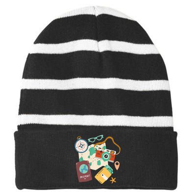 Tourist Holidays Costume Camera Passport Traveling Vacation Striped Beanie with Solid Band