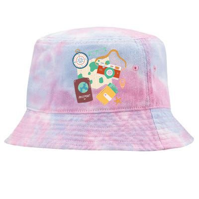 Tourist Holidays Costume Camera Passport Traveling Vacation Tie-Dyed Bucket Hat