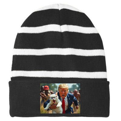 Trump Holding Cat Vote Trump Pets For Trump Vote President Striped Beanie with Solid Band