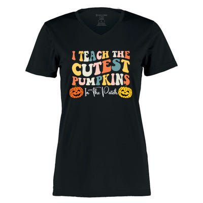 Teacher Halloween Cutest Pumpkins Retro Teacher Fall Women's Momentum V-Neck T-Shirt