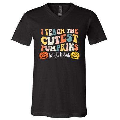 Teacher Halloween Cutest Pumpkins Retro Teacher Fall V-Neck T-Shirt