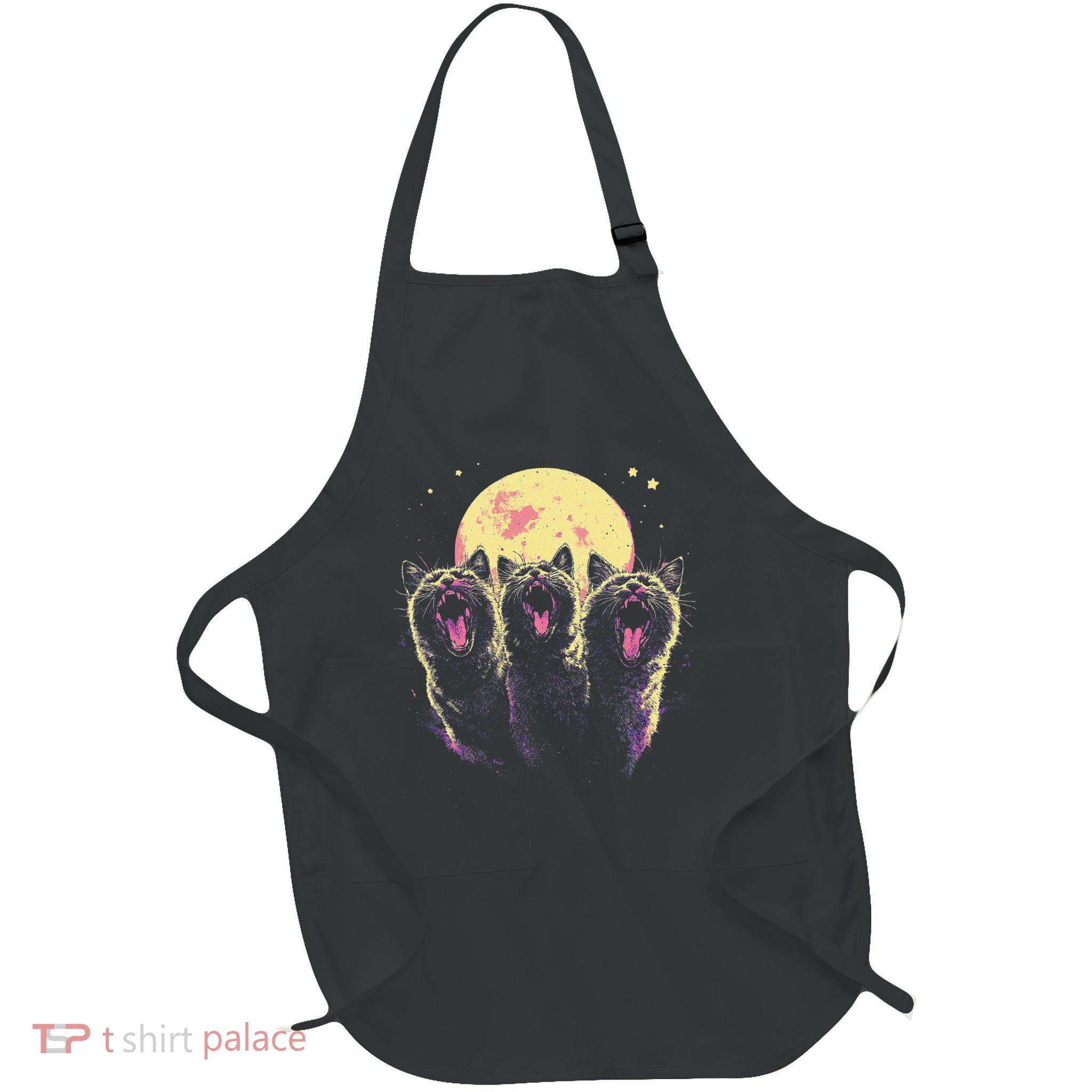 Three Headed Cat Meme Hiss Meowing Full Moon Phase Full-Length Apron With Pockets