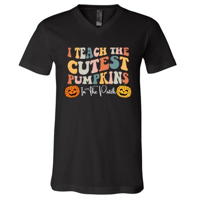 Teacher Halloween Cutest Pumpkins Retro Teacher Fall V-Neck T-Shirt