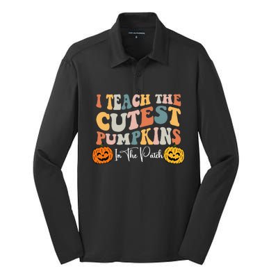 Teacher Halloween Cutest Pumpkins Retro Teacher Fall Silk Touch Performance Long Sleeve Polo