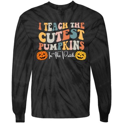 Teacher Halloween Cutest Pumpkins Retro Teacher Fall Tie-Dye Long Sleeve Shirt