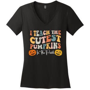 Teacher Halloween Cutest Pumpkins Retro Teacher Fall Women's V-Neck T-Shirt