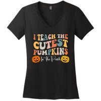 Teacher Halloween Cutest Pumpkins Retro Teacher Fall Women's V-Neck T-Shirt