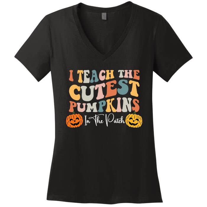 Teacher Halloween Cutest Pumpkins Retro Teacher Fall Women's V-Neck T-Shirt