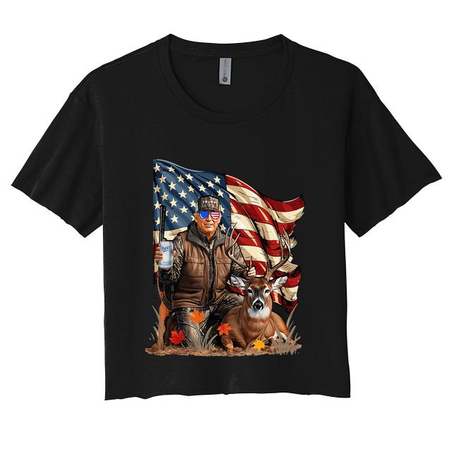 Trump Hunting Deer Funny Beer Drinking Beer Hunting Crop Top