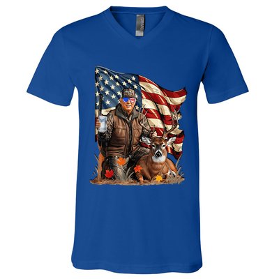 Trump Hunting Deer Funny Beer Drinking Beer Hunting V-Neck T-Shirt