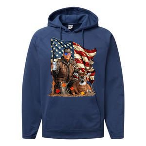 Trump Hunting Deer Funny Beer Drinking Beer Hunting Performance Fleece Hoodie