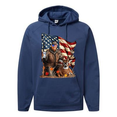 Trump Hunting Deer Funny Beer Drinking Beer Hunting Performance Fleece Hoodie