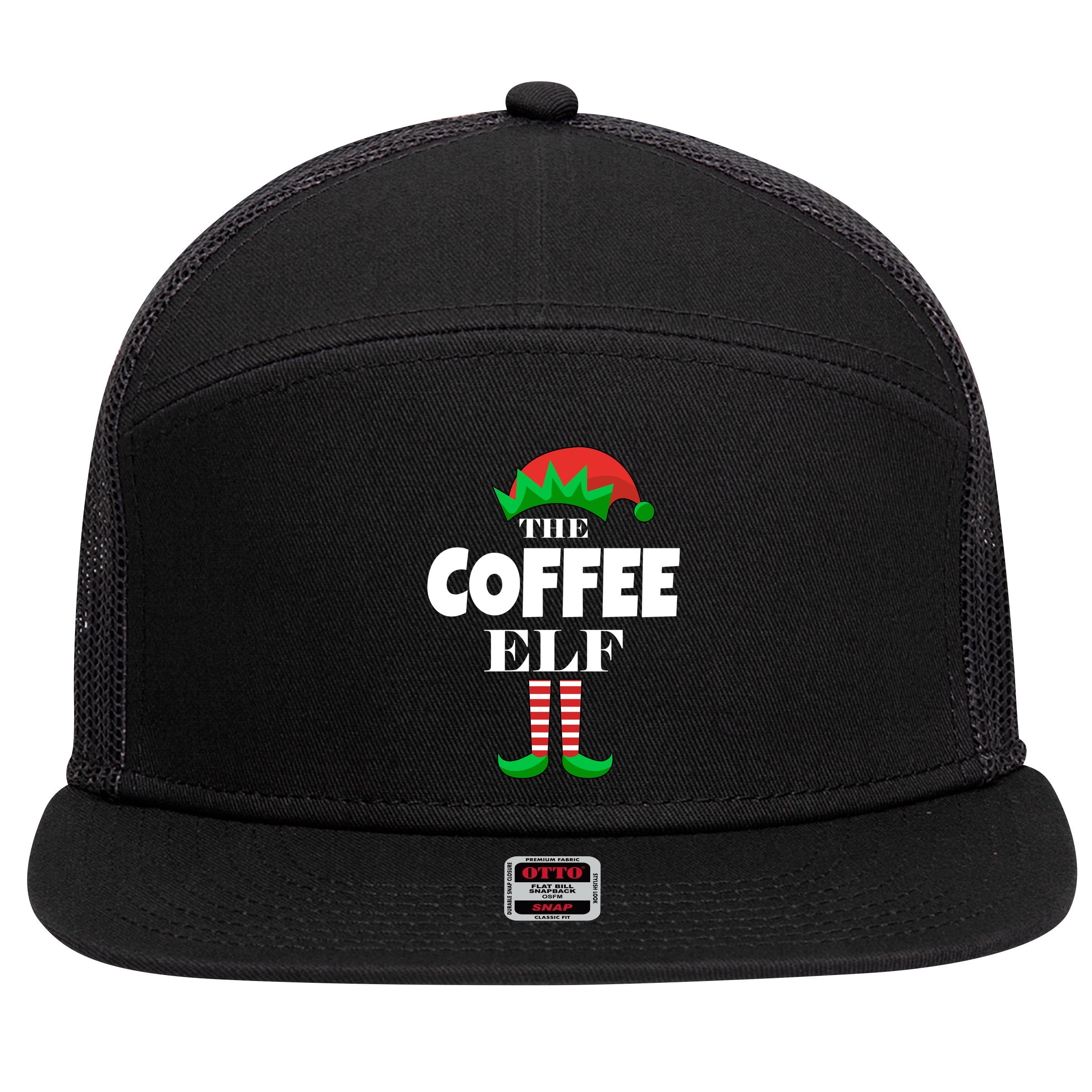 The Coffee Elf Family Matching Christmas 7 Panel Mesh Trucker Snapback Hat