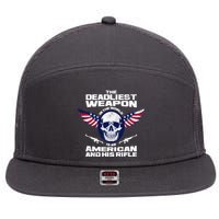 The Deadliest Weapon American And His Rifle 7 Panel Mesh Trucker Snapback Hat