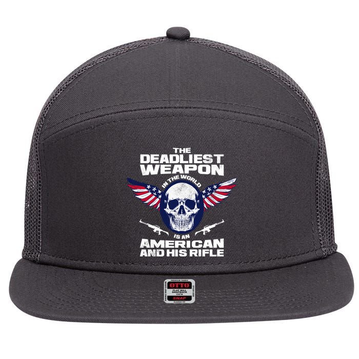 The Deadliest Weapon American And His Rifle 7 Panel Mesh Trucker Snapback Hat