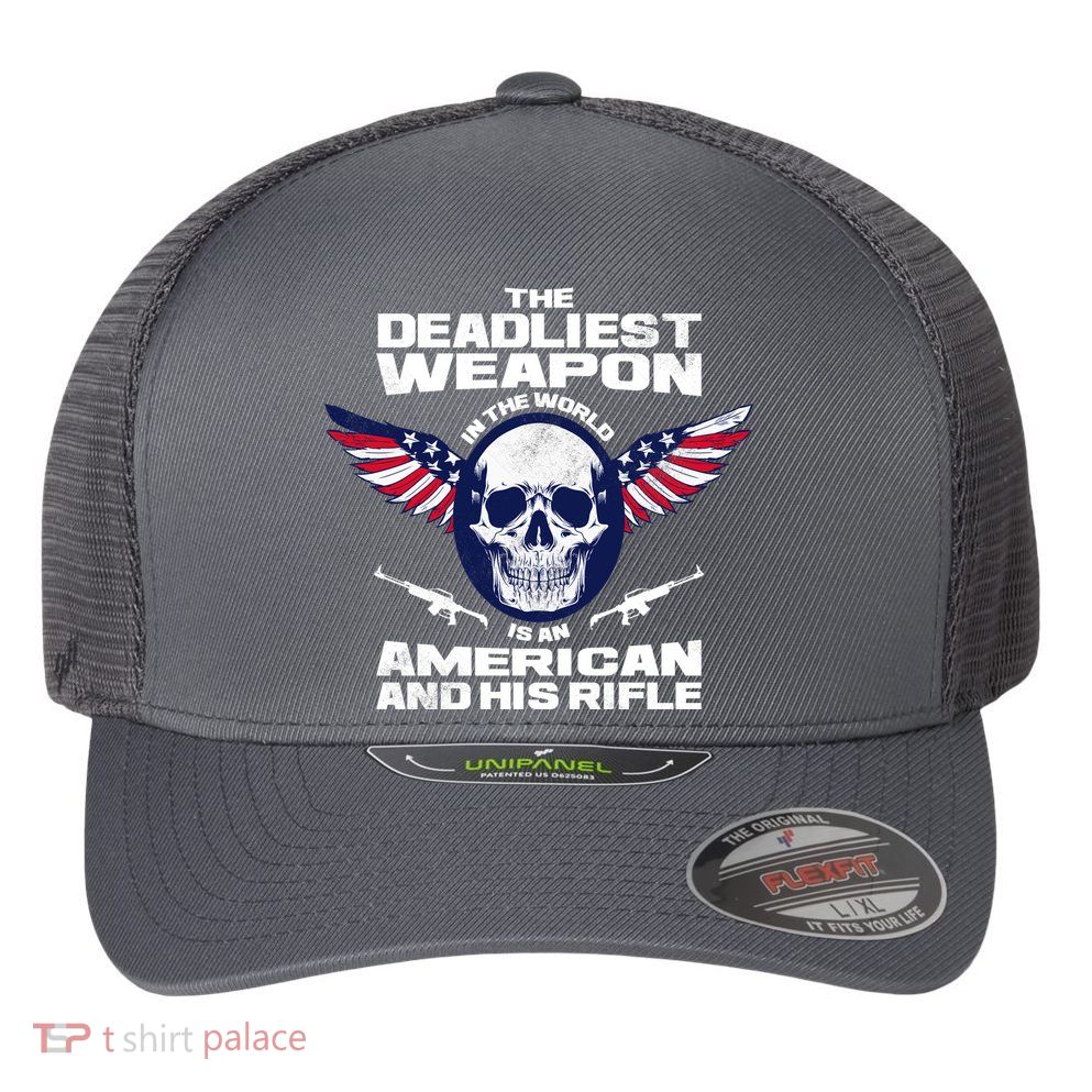 The Deadliest Weapon American And His Rifle Flexfit Unipanel Trucker Cap