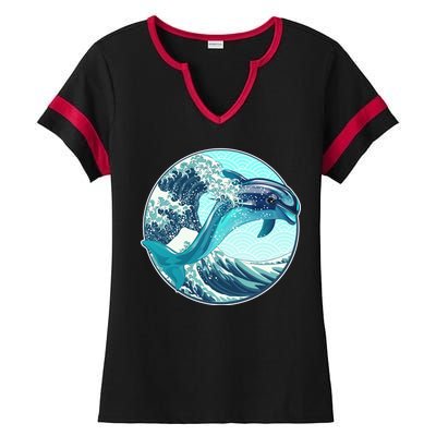 The Great Wave Dolphin Ladies Halftime Notch Neck Tee