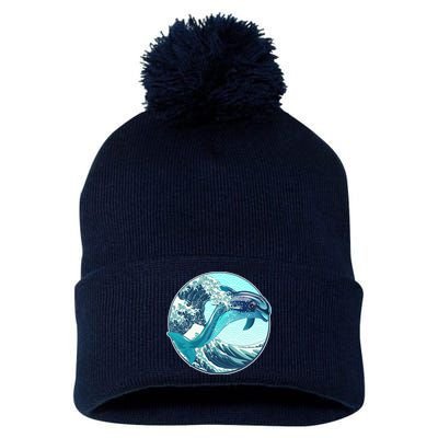 The Great Wave Dolphin Pom Pom 12in Knit Beanie