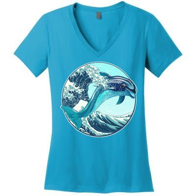 The Great Wave Dolphin Women's V-Neck T-Shirt