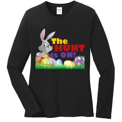 The Hunt is On! Easter Rabbit Egg Hunt Ladies Long Sleeve Shirt