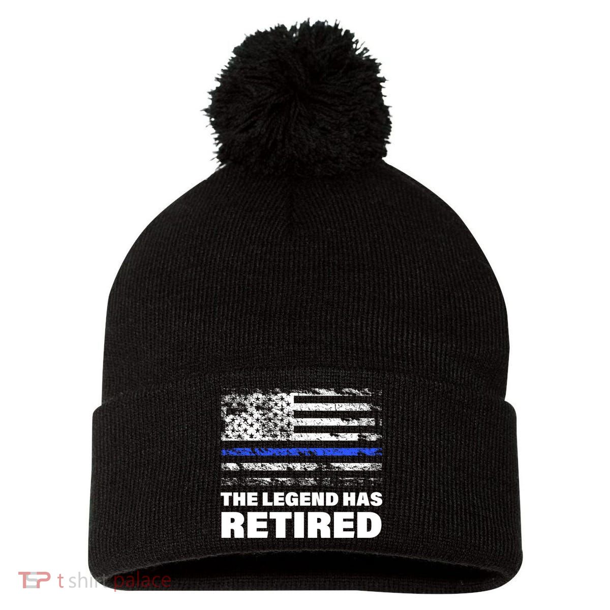 The Legend Has Retired Blue Thin Line Pom Pom 12in Knit Beanie