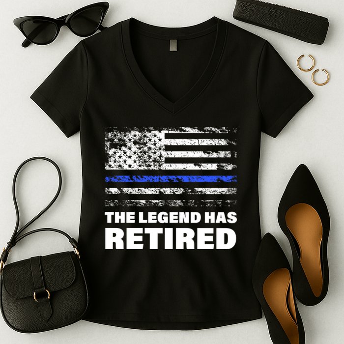 The Legend Has Retired Blue Thin Line Women's V-Neck T-Shirt