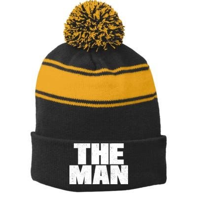 The Man Distressed Logo Stripe Pom Pom Beanie