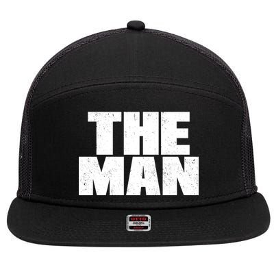 The Man Distressed Logo 7 Panel Mesh Trucker Snapback Hat