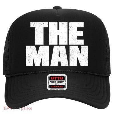 The Man Distressed Logo High Crown Mesh Back Trucker Hat