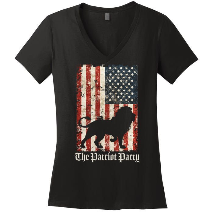 The Patriot Party Lion Distressed Flag Women's V-Neck T-Shirt