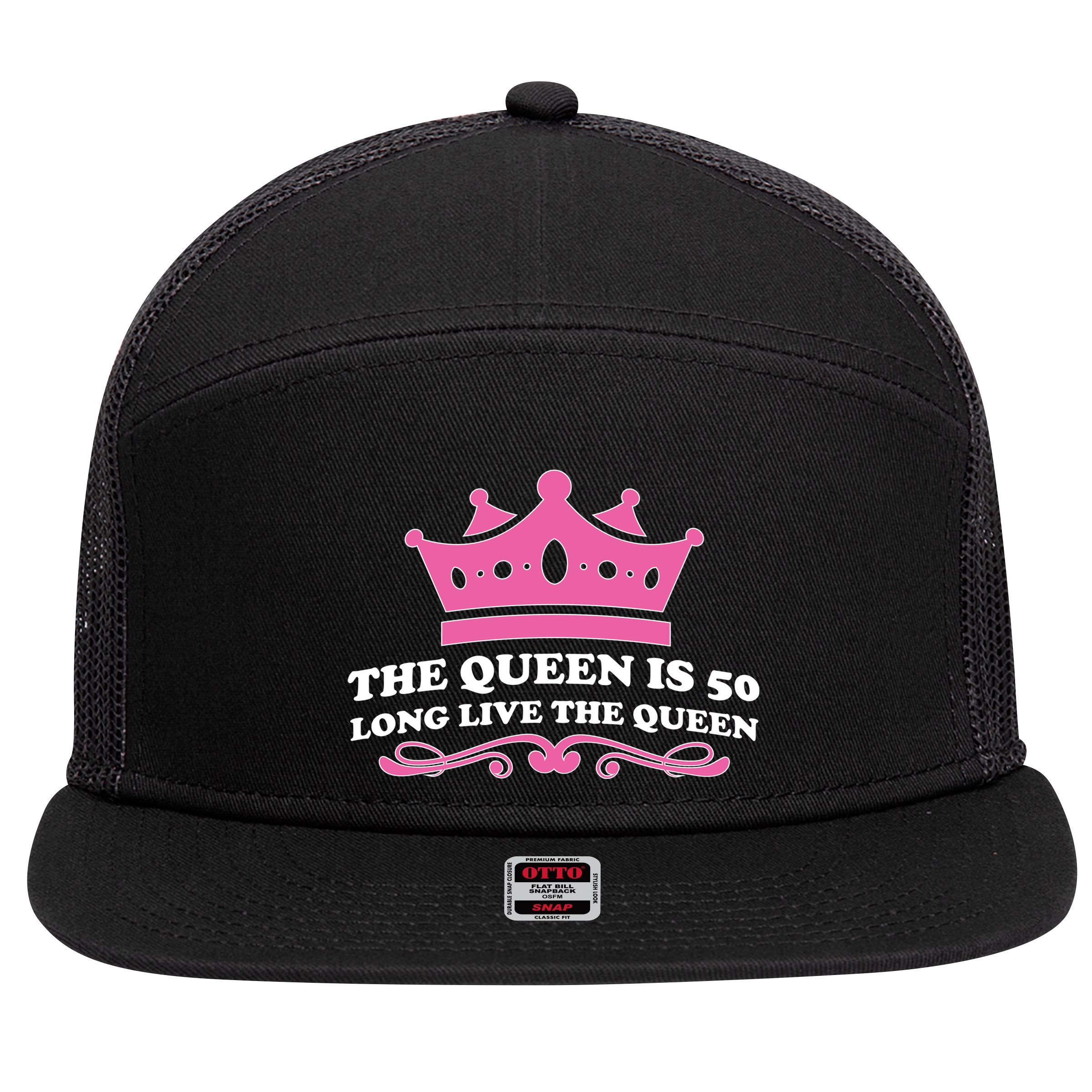 The Queen Is 50 Funny 50th Birthday 7 Panel Mesh Trucker Snapback Hat