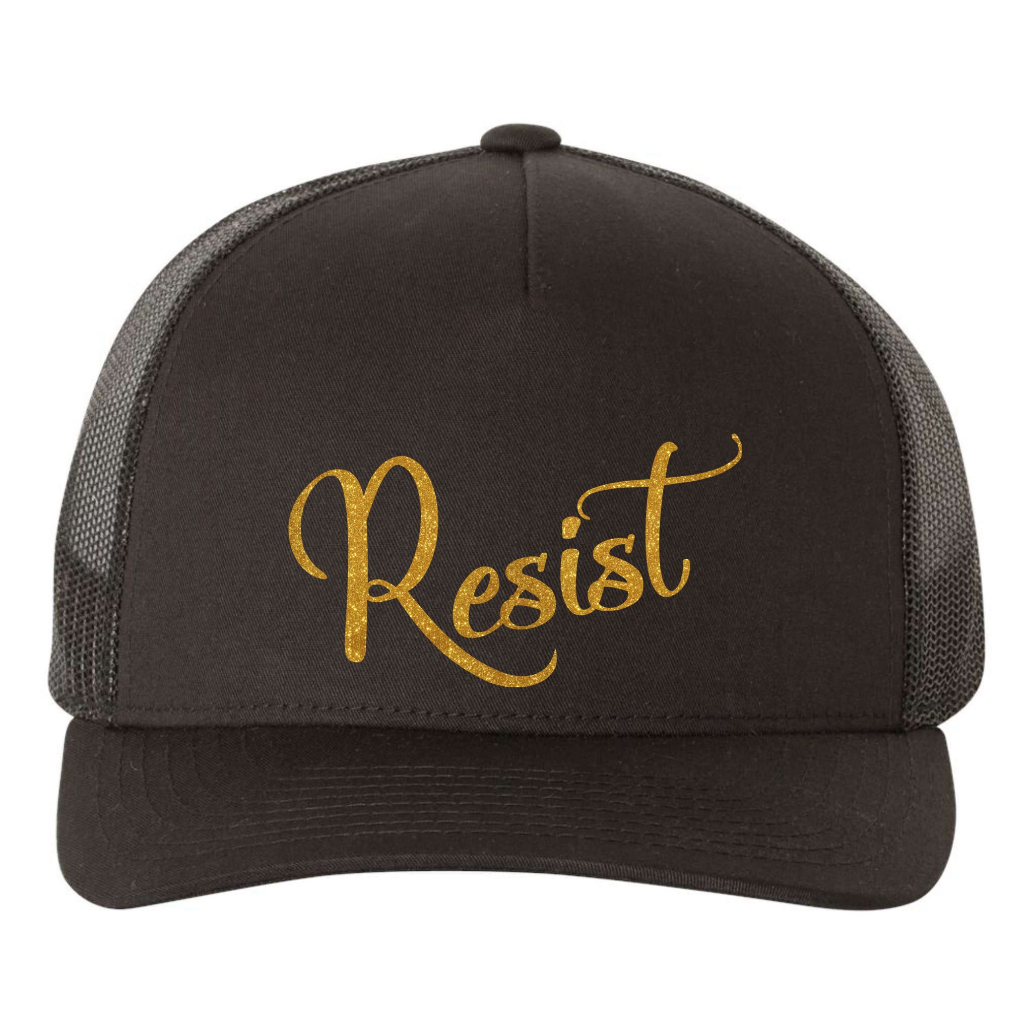 The Resistance Resist Gold Script Logo Anti-Trump Yupoong Adult 5-Panel Trucker Hat