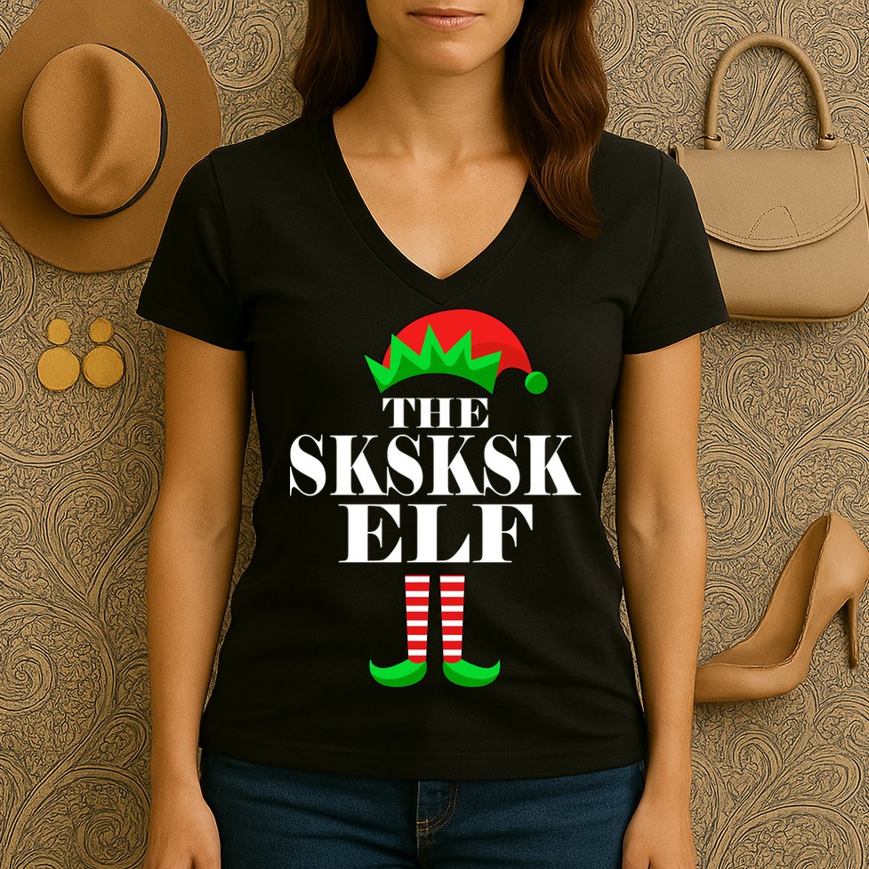 The SKSKSK Elf Funny Christmas Matching Women's V-Neck T-Shirt