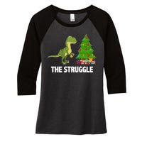 The Struggle T-rex Christmas Tree Women's Tri-Blend 3/4-Sleeve Raglan Shirt