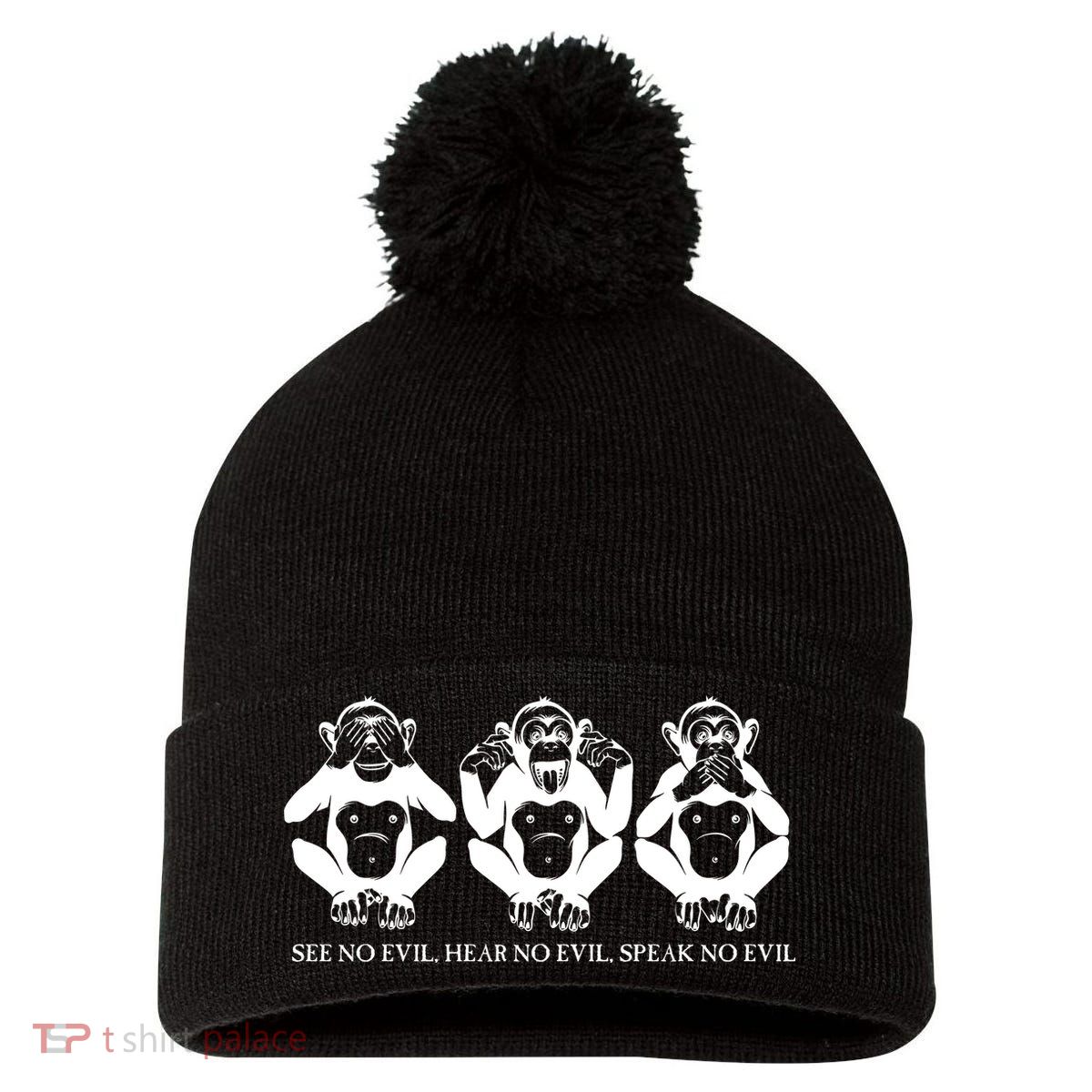 The three wise monkeys Pom Pom 12in Knit Beanie