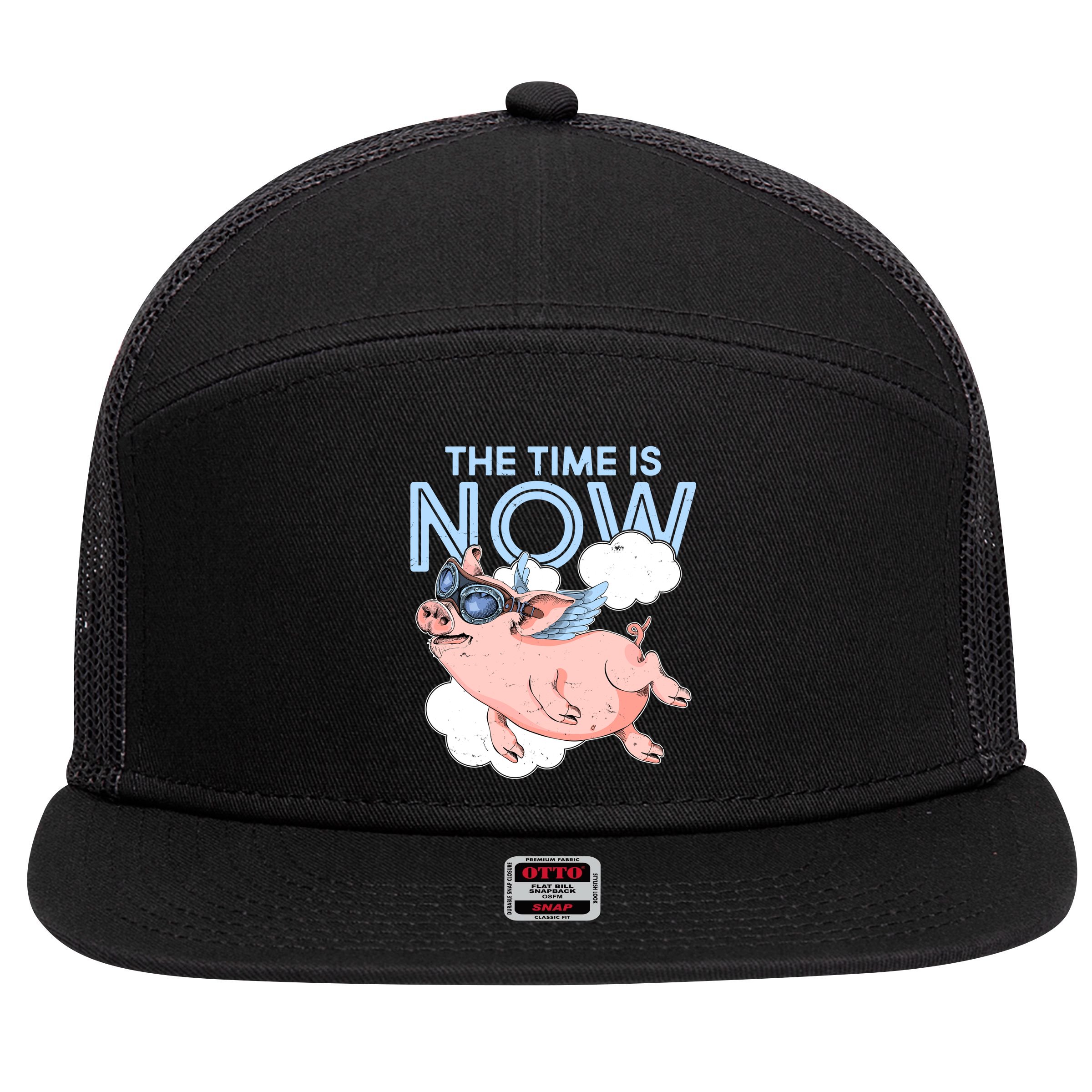 The Time Is Now Flying Pig 7 Panel Mesh Trucker Snapback Hat
