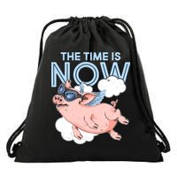 The Time Is Now Flying Pig Drawstring Bag